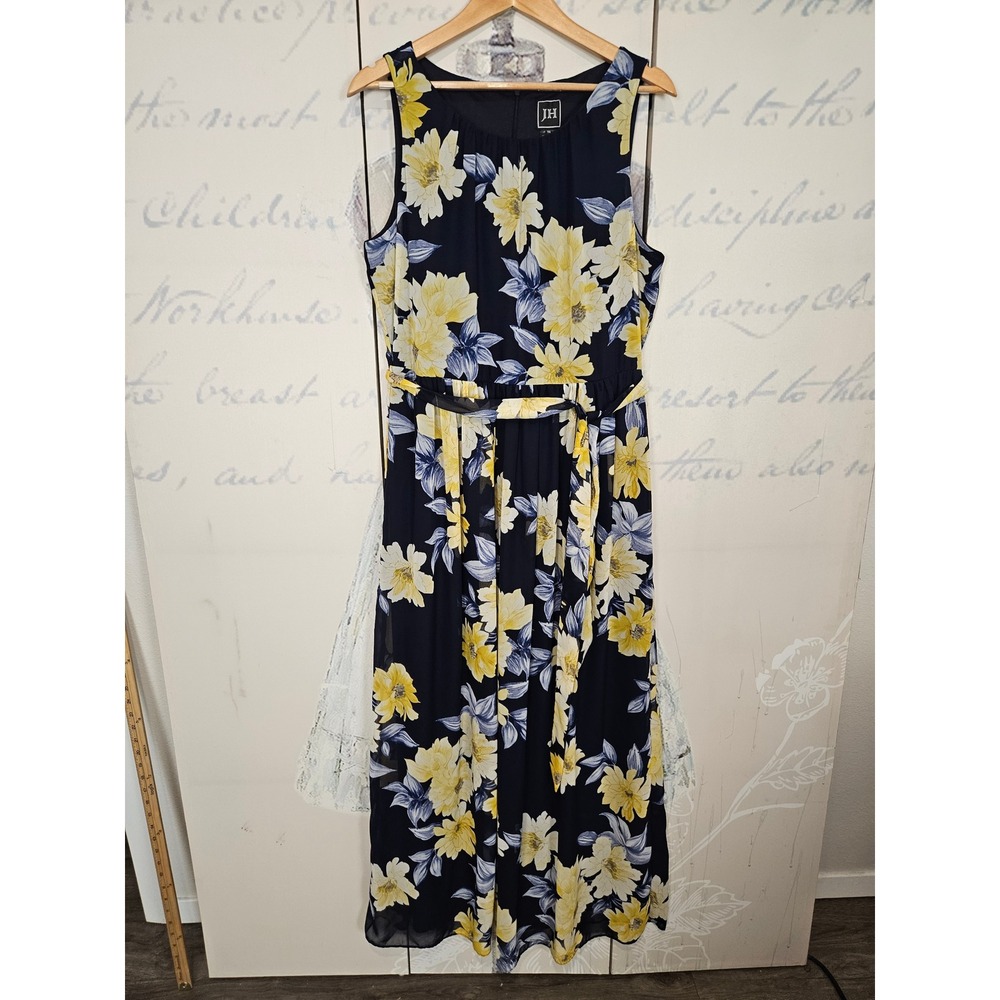 JH Collection Jessica Howard Floral Maxi Dress 14 Navy Yellow Sleeveless Chiffon